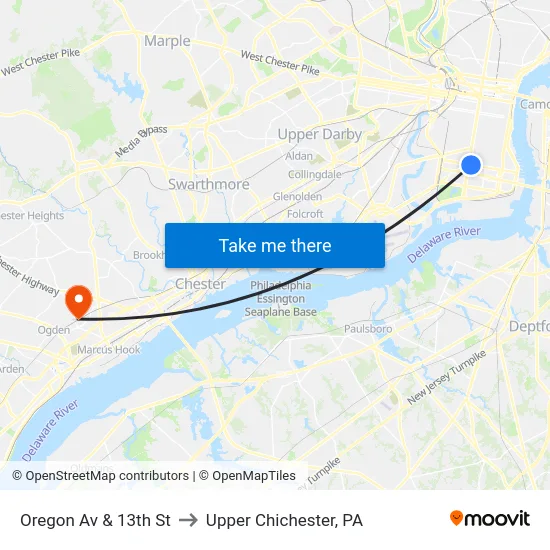 Oregon Av & 13th St to Upper Chichester, PA map