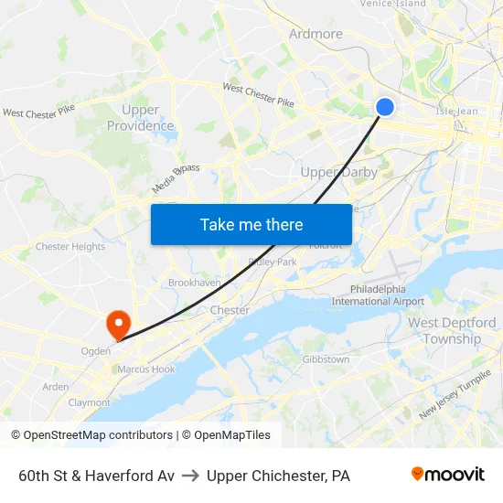 60th St & Haverford Av to Upper Chichester, PA map