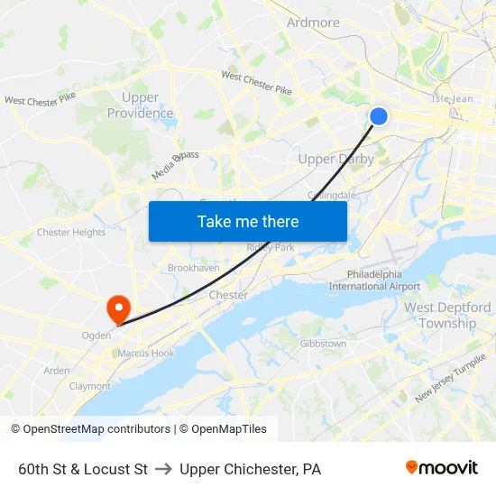 60th St & Locust St to Upper Chichester, PA map