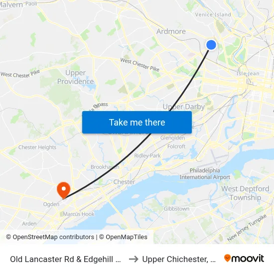 Old Lancaster Rd & Edgehill Rd to Upper Chichester, PA map