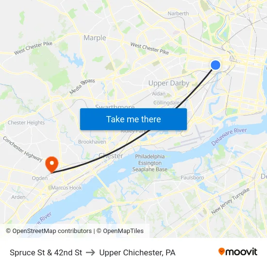 Spruce St & 42nd St to Upper Chichester, PA map