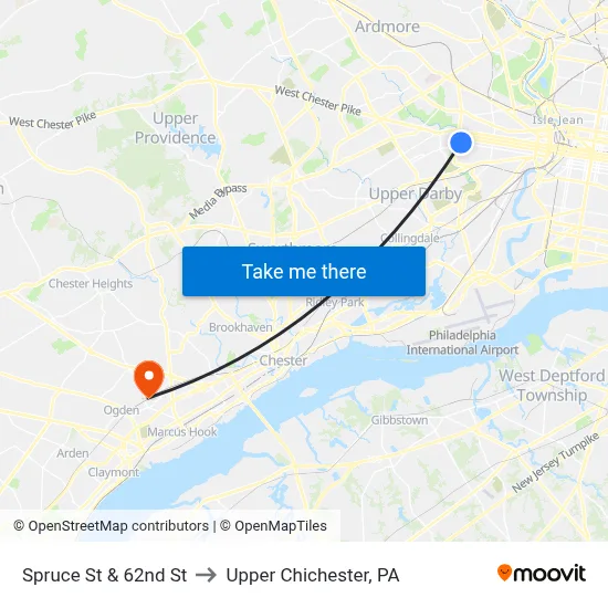 Spruce St & 62nd St to Upper Chichester, PA map