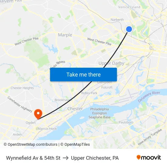 Wynnefield Av & 54th St to Upper Chichester, PA map