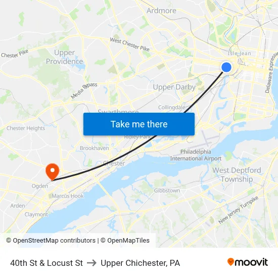 40th St & Locust St to Upper Chichester, PA map