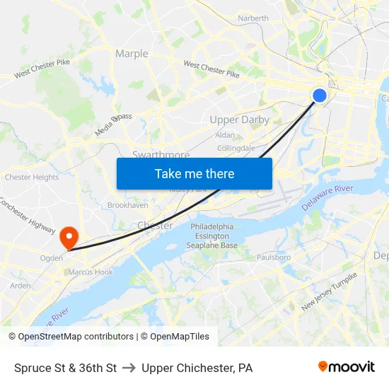 Spruce St & 36th St to Upper Chichester, PA map