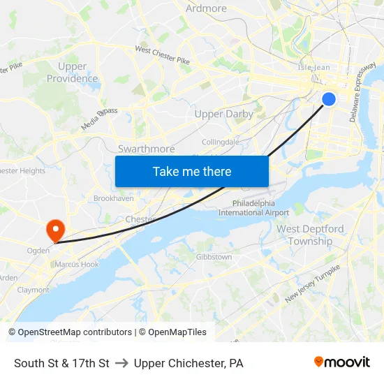 South St & 17th St to Upper Chichester, PA map