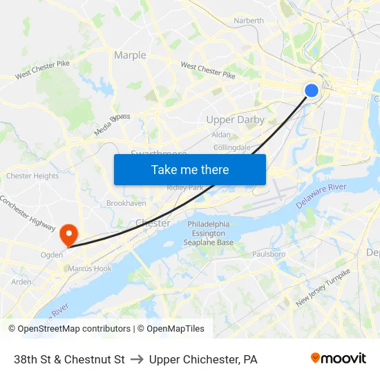 38th St & Chestnut St to Upper Chichester, PA map