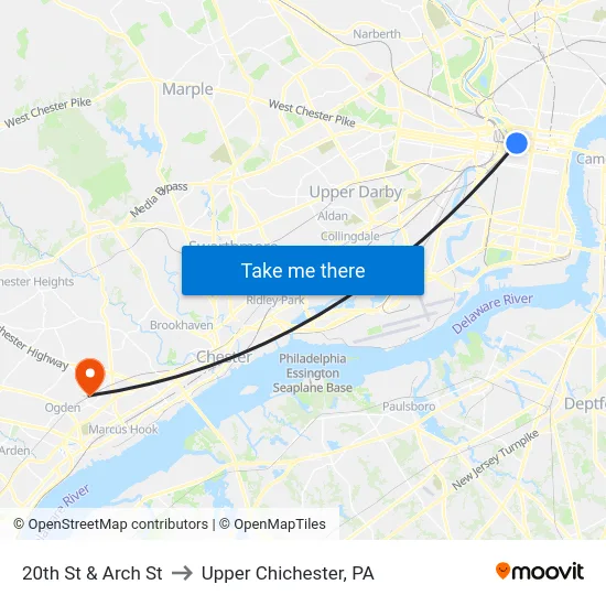 20th St & Arch St to Upper Chichester, PA map