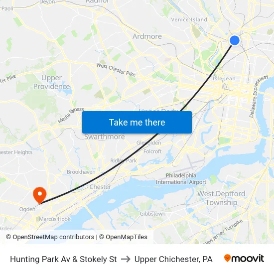 Hunting Park Av & Stokely St to Upper Chichester, PA map