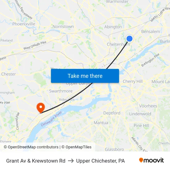 Grant Av & Krewstown Rd to Upper Chichester, PA map