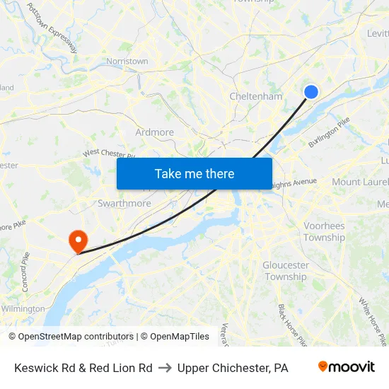 Keswick Rd & Red Lion Rd to Upper Chichester, PA map