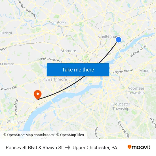 Roosevelt Blvd & Rhawn St to Upper Chichester, PA map