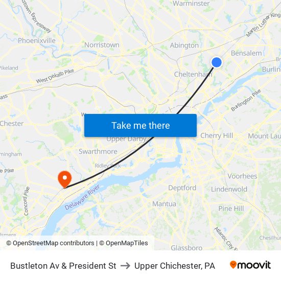 Bustleton Av & President St to Upper Chichester, PA map