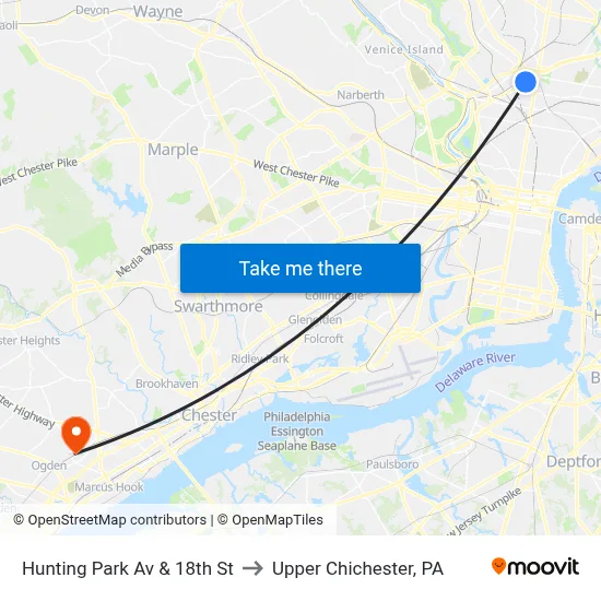 Hunting Park Av & 18th St to Upper Chichester, PA map
