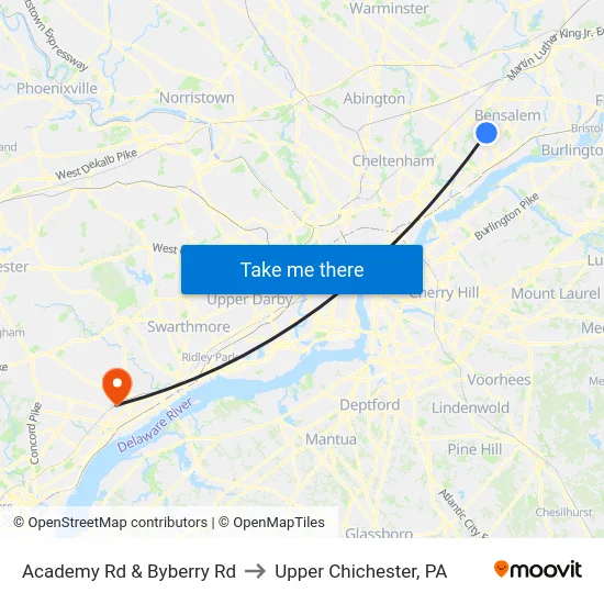 Academy Rd & Byberry Rd to Upper Chichester, PA map
