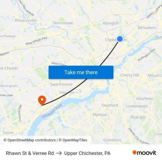 Rhawn St & Verree Rd to Upper Chichester, PA map