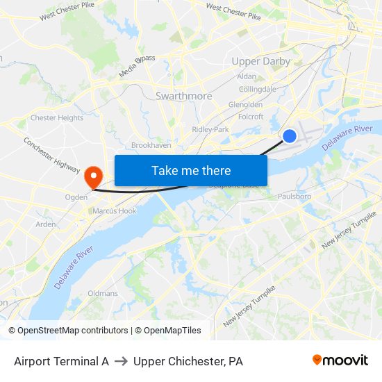 Airport Terminal A to Upper Chichester, PA map