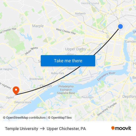 Temple University to Upper Chichester, PA map
