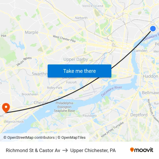 Richmond St & Castor Av to Upper Chichester, PA map