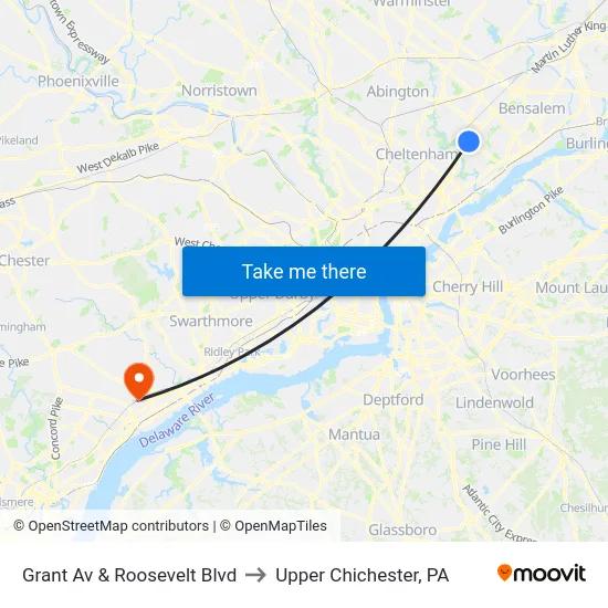 Grant Av & Roosevelt Blvd to Upper Chichester, PA map