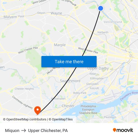 Miquon to Upper Chichester, PA map