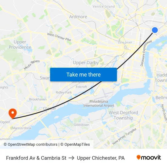 Frankford Av & Cambria St to Upper Chichester, PA map