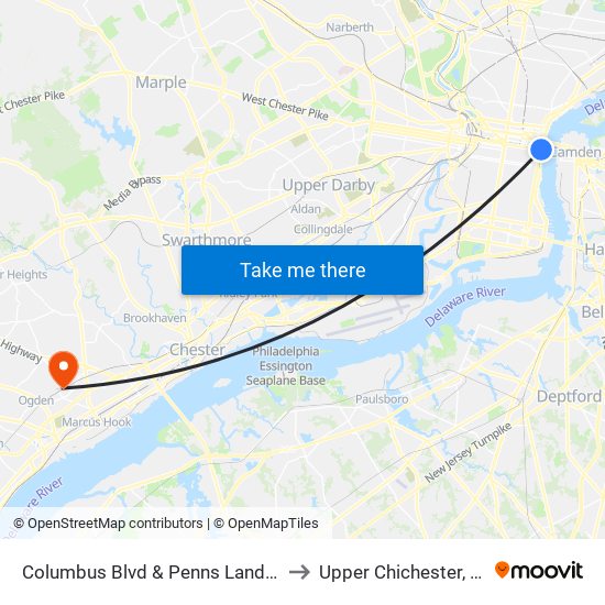 Columbus Blvd & Penns Landing to Upper Chichester, PA map