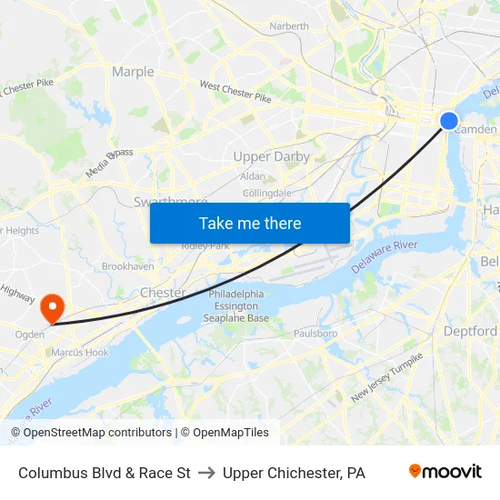 Columbus Blvd & Race St to Upper Chichester, PA map