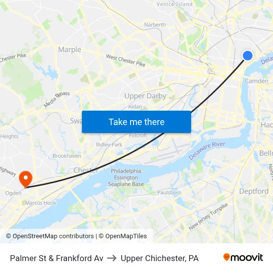 Palmer St & Frankford Av to Upper Chichester, PA map