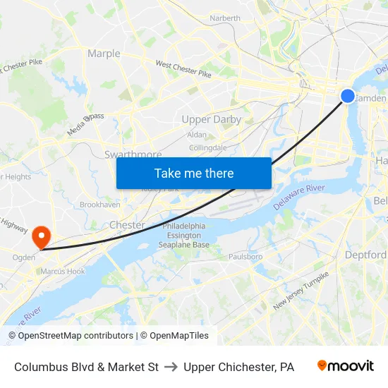 Columbus Blvd & Market St to Upper Chichester, PA map