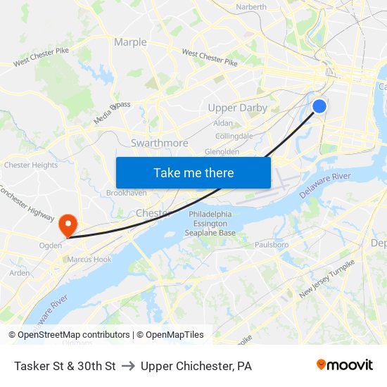 Tasker St & 30th St to Upper Chichester, PA map