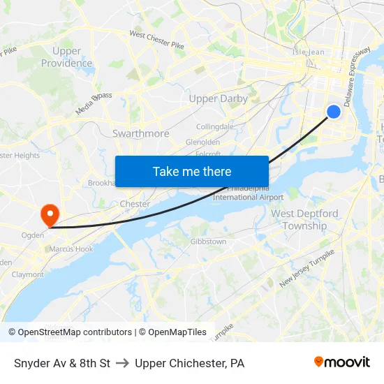 Snyder Av & 8th St to Upper Chichester, PA map