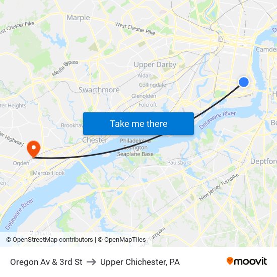 Oregon Av & 3rd St to Upper Chichester, PA map