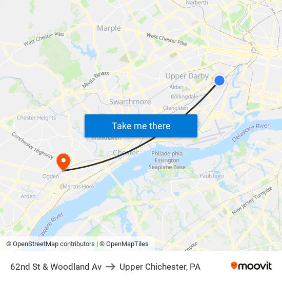 62nd St & Woodland Av to Upper Chichester, PA map