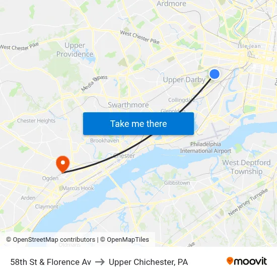 58th St & Florence Av to Upper Chichester, PA map