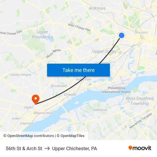56th St & Arch St to Upper Chichester, PA map