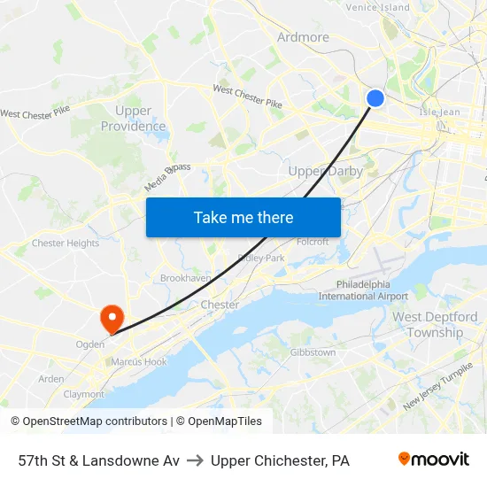 57th St & Lansdowne Av to Upper Chichester, PA map