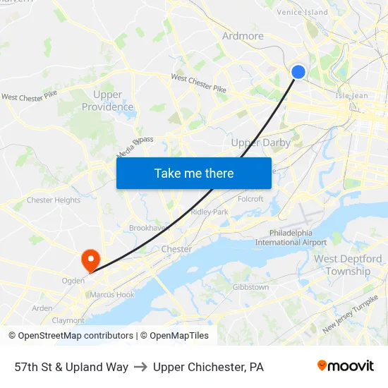 57th St & Upland Way to Upper Chichester, PA map