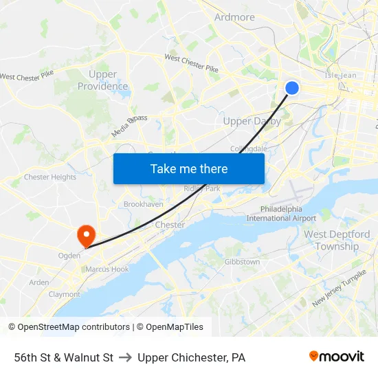 56th St & Walnut St to Upper Chichester, PA map