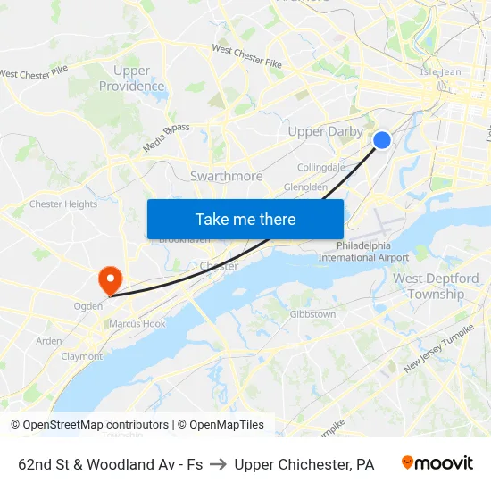 62nd St & Woodland Av - Fs to Upper Chichester, PA map