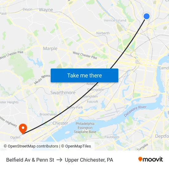 Belfield Av & Penn St to Upper Chichester, PA map