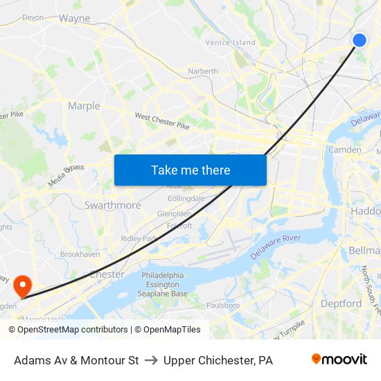 Adams Av & Montour St to Upper Chichester, PA map