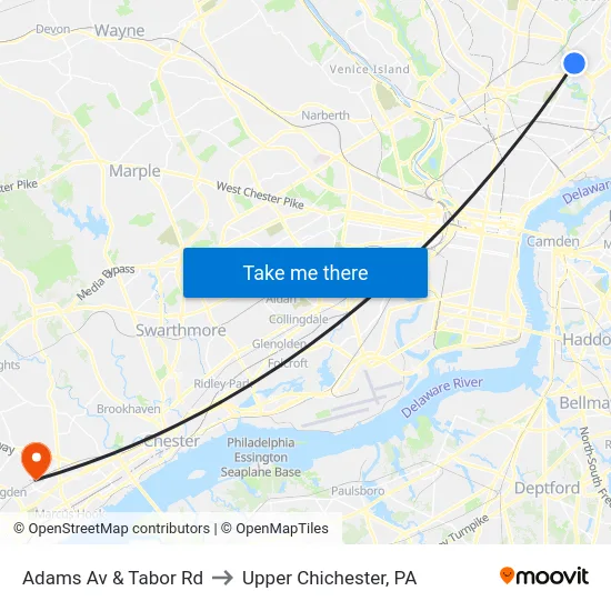 Adams Av & Tabor Rd to Upper Chichester, PA map