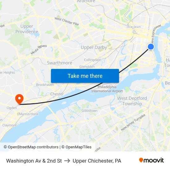 Washington Av & 2nd St to Upper Chichester, PA map