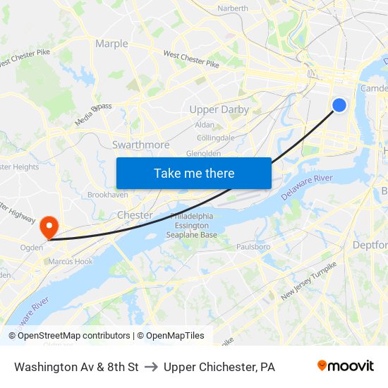 Washington Av & 8th St to Upper Chichester, PA map