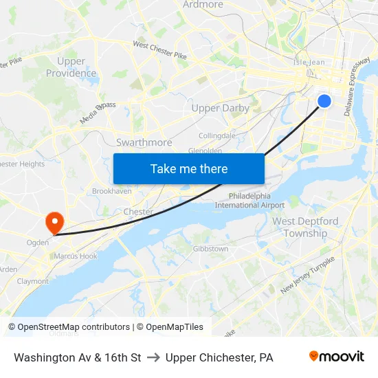 Washington Av & 16th St to Upper Chichester, PA map