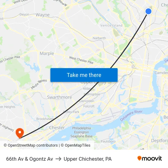 66th Av & Ogontz Av to Upper Chichester, PA map