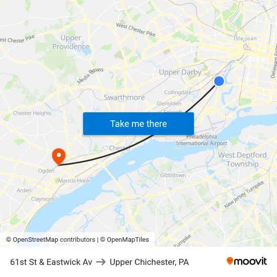 61st St & Eastwick Av to Upper Chichester, PA map