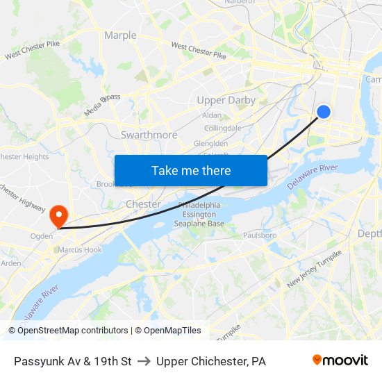 Passyunk Av & 19th St to Upper Chichester, PA map