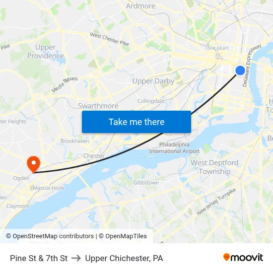 Pine St & 7th St to Upper Chichester, PA map